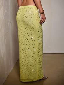 SHEIN BAE 女士优雅水钻装饰半身裙，夏季 - 黃色 - 查看 2