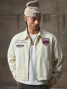 AXEPEAK 男士秋季标语印花长袖口袋休闲夹克，适合秋冬 - 杏色 - 查看 4