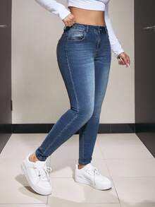 SHEIN PETITE 女式休闲水洗修身牛仔裤 - 中等水洗藍 - 查看 4