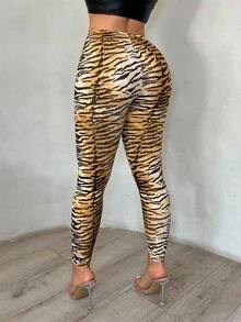 SHEIN SXY 女士休闲性感虎纹印花打底裤，女士打底裤，猎豹纹裤，动物纹裤，动物纹，动物纹打底裤，感恩节 - 彩色 - 查看 2