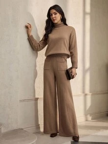 ZEYLAH Women's Turtleneck Sweater And Knitted Pants With Pockets 2 Pieces Set, Autumn/Winter - Camel - View 5