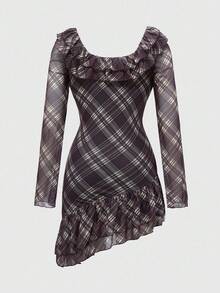 ROMWE J-Fashion 女式格子简约休闲长袖短款连衣裙 - 棕色 - 查看 2