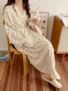 SHEIN 1 Áo choàng ngủ dài tay cho nữ, kiểu dáng tối giản châu Âu, dành cho nữ cỡ lớn, nhẹ nhàng, thích hợp mặc ở nhà. - Màu be - Xem 4