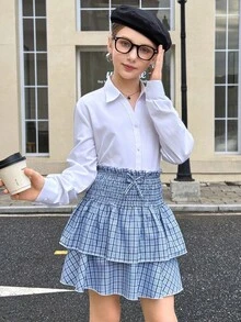 青少年女孩休闲英伦风格蓝色格子 A 字褶双层喇叭裙，适合日常休闲穿着 - 藍色 - 查看 4