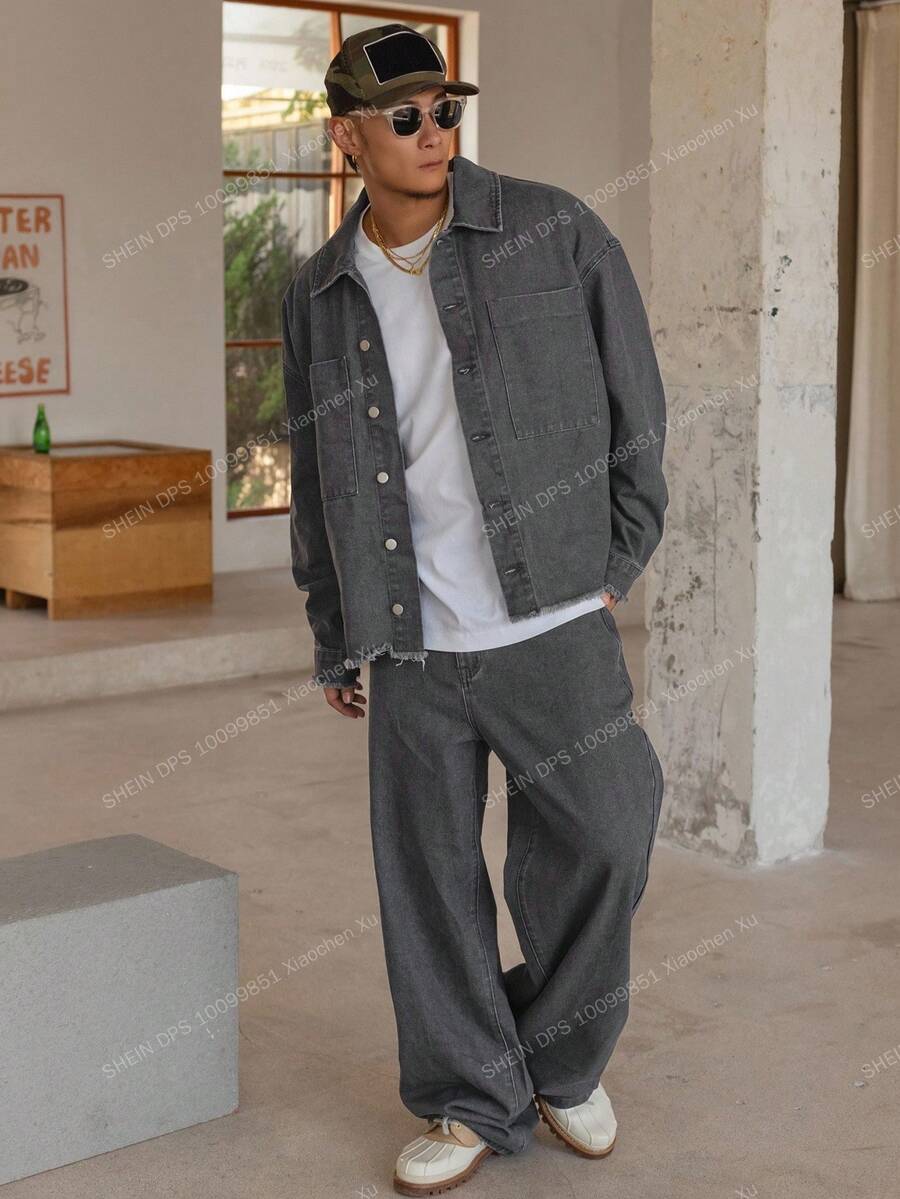 DAZY 男士深灰色纯色牛仔西装，秋季 - 灰色 - 查看 1