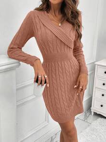 EMERY ROSE Elegant Women's Autumn Cable Pattern Long Sleeve Fitted Knit Dress - Coral Orange - View 6