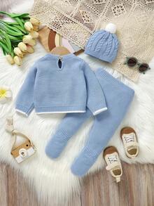 3pcs/Set Infant Cable Knit Sweater, Matching Pants And Hat, Blue Baby Boy Winter Clothes Baby Winter Outfit Toddler Knit Set Baby Blue Knitted Outfit Knit Baby Outfit Baby Boys Winter Clothes Baby Boys Fall Clothes Baby Boys Fall Outfits