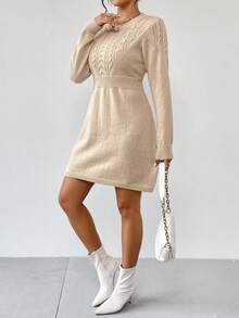 EMERY ROSE 女士休闲纯色腰部收紧圆领长袖毛衣连衣裙 - 杏色 - 查看 6