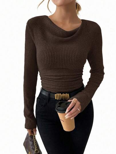 SHEIN Vintage asymmetrisches drapiertes Ausschnitt-Langarm-T-Shirt mit strukturierter Raffung und Passform
