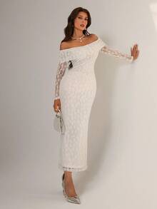 Almamuse 女士优雅露肩长袖蕾丝紧身连衣裙 - 白色 - 查看 5