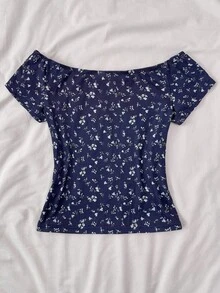 SHEIN 少女夏季海军蓝花卉露肩休闲 T 恤、家居服、学院风花卉 T 恤 - 藏蓝色 - 查看 2