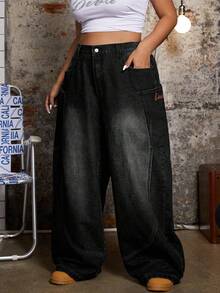 SHEIN ICON Quần jean ống rộng cài nút thời trang thường ngày cỡ lớn cho nữ - màu đen - Xem 5