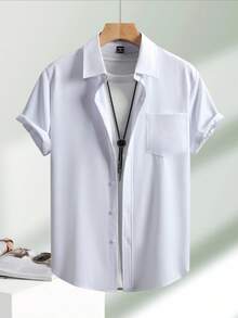 Manfinity Homme Áo sơ mi in tay ngắn giản dị, màu trơn đơn giản thời trang phù hợp cho mùa hè nam áo sơ mi bó sát áo sơ mi nam quần áo nam áo sơ mi nam tay ngắn - trắng - Xem 3