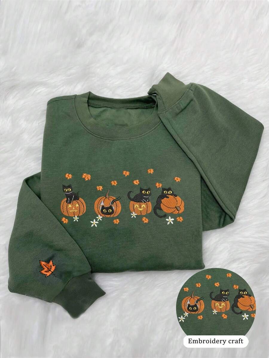 INAWLY Halloween Embroidered Black Cat Pumpkin Autumn Round Neck Sweatshirt - Army Green - View 1