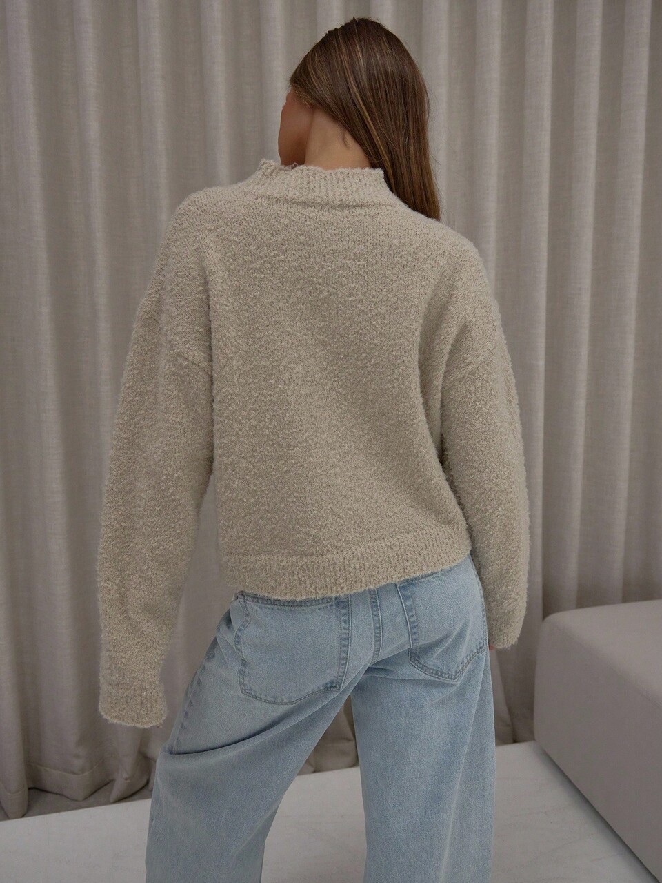 Beige Fluffy Knit Funnel Neck Long Sleeve Cardigan