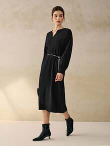 INAWLY Women's Solid Color V-Neck Batwing Sleeve Elegant Mid-Length Dress - Black - View 6