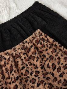 SHEIN 2件套女士毛绒休闲蓬松睡裤，纯黑色和豹纹印花，秋冬季舒适优雅细节毛绒睡裤猎豹纹蓬松睡衣豹纹蓬松睡衣，秋冬服装