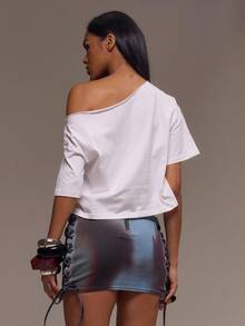 MUSERA Áo thun crop top lệch vai họa tiết da báo, phong cách cá tính, thích hợp cho nữ đi chơi, gợi cảm, họa tiết da báo, trang phục nữ, kỳ nghỉ thanh lịch, tiệc tùng mùa xuân hè. - trắng - Xem 3