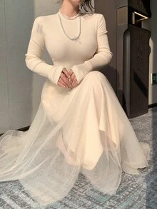 DAZY Váy len dệt kim lưới chắp vá thanh lịch dành cho nữ, mùa thu - Màu be - Xem 8