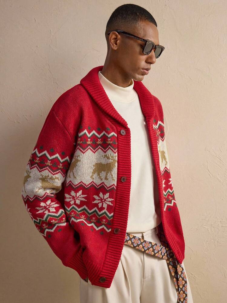 Men's Contrast Color Jacquard Drop Shoulder Long Sleeve Button Front Casual Cardigan, For Fall Winter, Christmas, New Year Glamour