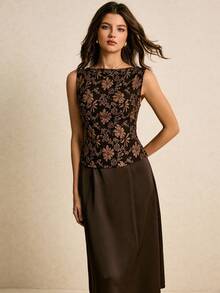 Poéselle 女士时尚复古无袖上衣和裙子两件套 - 棕色 - 查看 5