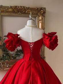 Lovelzi Váy chữ A rộng tay cánh hoa hở vai màu đỏ rượu vang thanh lịch & quý phái, thích hợp cho đám cưới, tiệc tùng, kỳ nghỉ, lễ tốt nghiệp, vũ hội trang trọng, váy dự tiệc cưới, váy dự tiệc cocktail - Màu Đỏ Sâu - Xem 7