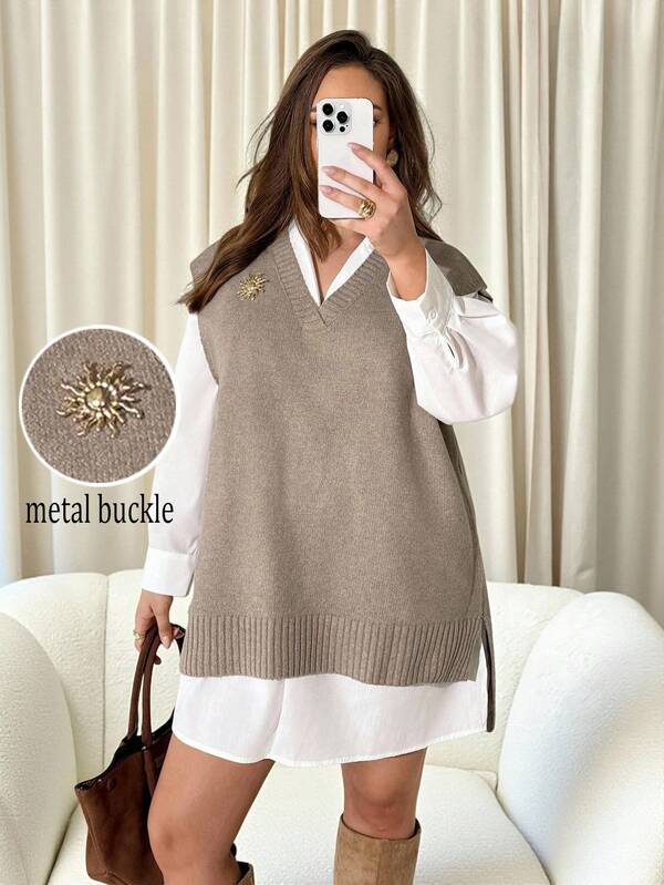 Auralis Plus Size Fall New Clothing Fashion Commuting Business Casual All-Match Solid Color Metal Buckle Decoration Front Short Back Long Knitted Vest, Loose Sweater Vest, Khaki Sweater, Winter Wear,,Fall Clothes For Women
