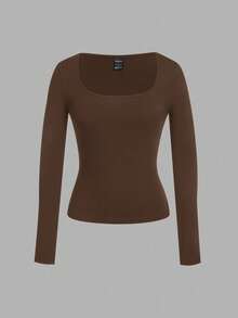 SHEIN EZwear 2 件女式方领修身长袖休闲 T 恤套装，棕色和白色，秋冬 - 彩色 - 查看 4