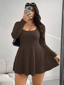 SHEIN EZwear Plus Size Women's Square Neck Long Sleeve Ribbed Jumpsuit With Pockets Ribbed Knit Dress Long Sleeve Knit Dress - Brown - View 3