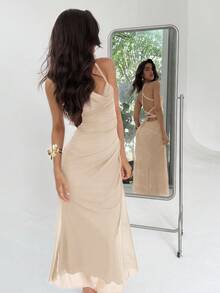 Aloruh 女士浪漫不对称深 V 领露背系带中长网眼连衣裙，粉色和紫色 - 米色 - 查看 1