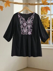 EMERY ROSE 大码休闲度假印花拼布缺口领衬衫，春装，女士西装