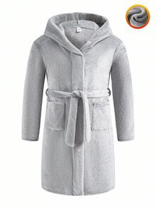 SHEIN Tween Boys' Grey Flannel Hooded Bathrobe,Autumn Casual Lounge Comfortable Plush Mid-Length Open Front Robe,Soft Fleece Loungewear For Kids Winter - Grey - View 3
