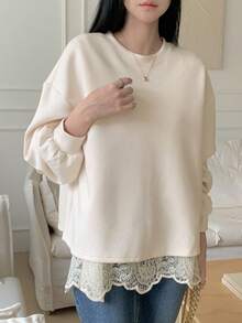 DAZY Women's Lace Patchwork Loose Pullover Casual Sweatshirt - Apricot - View 3