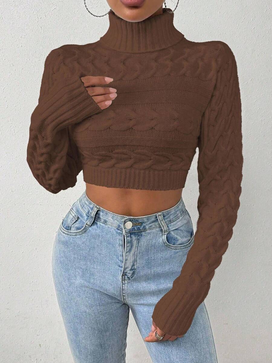 EMERY ROSE Women's Autumn/Winter Cable Cable Pattern Turtleneck Long Sleeve Cropped Sweater - Brown - View 1