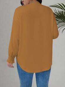 EMERY ROSE Plus Size Women Knitted Crew Neck Cable Sleeve Casual Shirt - Brown - View 2