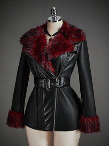 SHEIN ICON Áo khoác dạ dạ hội bằng da mềm mại màu tương phản màu đen Gothic Halloween dành cho nữ, thời trang đi làm, lông giả, chắp vá, mùa đông - màu đen - Xem 9