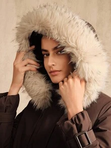 Anewsta 女士口袋腰带设计长袖拉链前毛领连帽长款休闲冬季夹克 - 棕色 - 查看 7