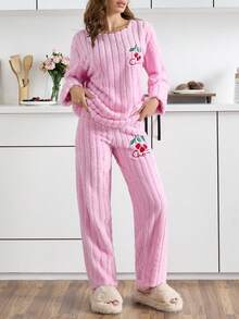 EURMUSE 2件套条纹绒毛面料樱桃刺绣家居睡衣套装 - 粉色 - 查看 4