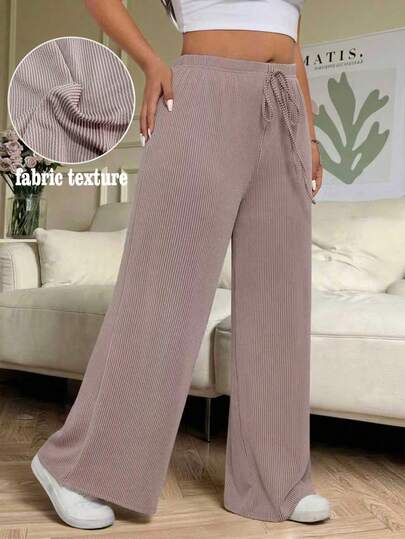 SHEIN Elenzya Plus Size Women's Solid Color Knitted Textured Drawstring Pocket Wide Leg Loose Casual Versatile Elegant Office Pants