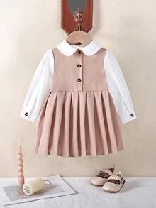 SHEIN 1pc Baby Girl Pleated Dress, Baby Girl's Woven Comfortable Khaki Long Sleeve Dress With Bow And Button Decor, Fresh And Cute Style Suitable For Autumn, Loose Fit, Suitable For Various Occasions Like Vacation, Travel, Daily Wear Fall Winter - Khaki - View 2