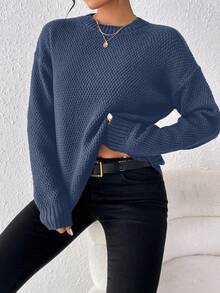 EMERY ROSE All-Match Solid Color Casual Loose Crew Neck Long Sleeve Women Sweaters - Dark Blue - View 6