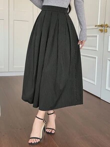 女士休闲百褶条纹A字裙，秋冬女装半身裙 - 黑色 - 查看 3