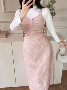 DAZY 女士格子V领无袖中长连衣裙，秋季连衣裙 - 粉色 - 查看 4