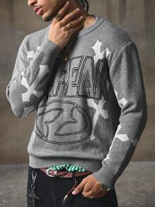 AXEPEAK Men's Casual Crew Neck Long Sleeve Sweater With Letter & Cross Pattern, Autumn, For Fall Winter - Grey - View 5