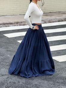 MainGRL Navy Blue Women's Casual A-Line Skirt, Summer - Navy Blue - View 4