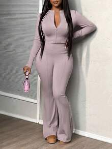 Slaydiva Conjunto de agasalho básico casual minimalista feminino 2 peças - jaqueta slim com zíper e capuz e calças flare de cintura alta - Roxo Empoeirado - Ver 2