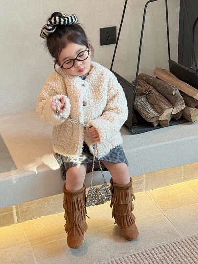 DAZY 女童纯色羊毛长袖夹克，秋冬舒适穿着