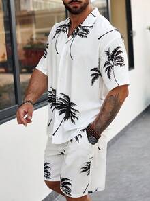 Manfinity RSRT 男士椰子樹印花落肩袖襯衫和短褲套裝 - 白色 - 查看 7
