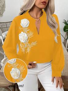 EMERY ROSE Plus Size Black Embroidered 3D Floral Rhinestone Decor Elegant Blouse For Women - Yellow - View 6