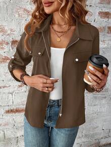 EMERY ROSE 女士休闲宽松纯色拉链衬衫，百搭日常穿着棕色休闲夹克女士棕色夹克女士女士棕色拉链夹克女士棕色衬衫夹克轻便棕色夹克女士 - 咖啡棕 - 查看 4